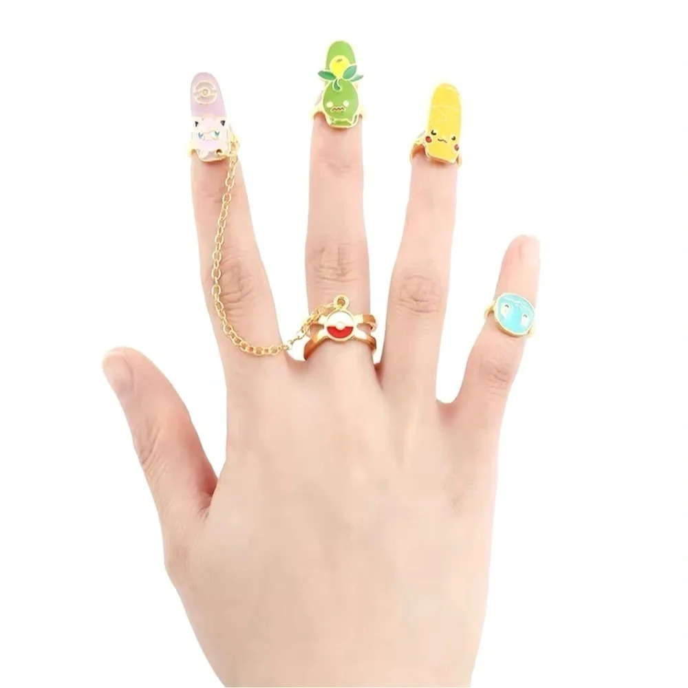 Gold Tone Pokemon Nail Rings Set Jiggly Puff, Squirtle, Pikachu, Smoliv Pokeball